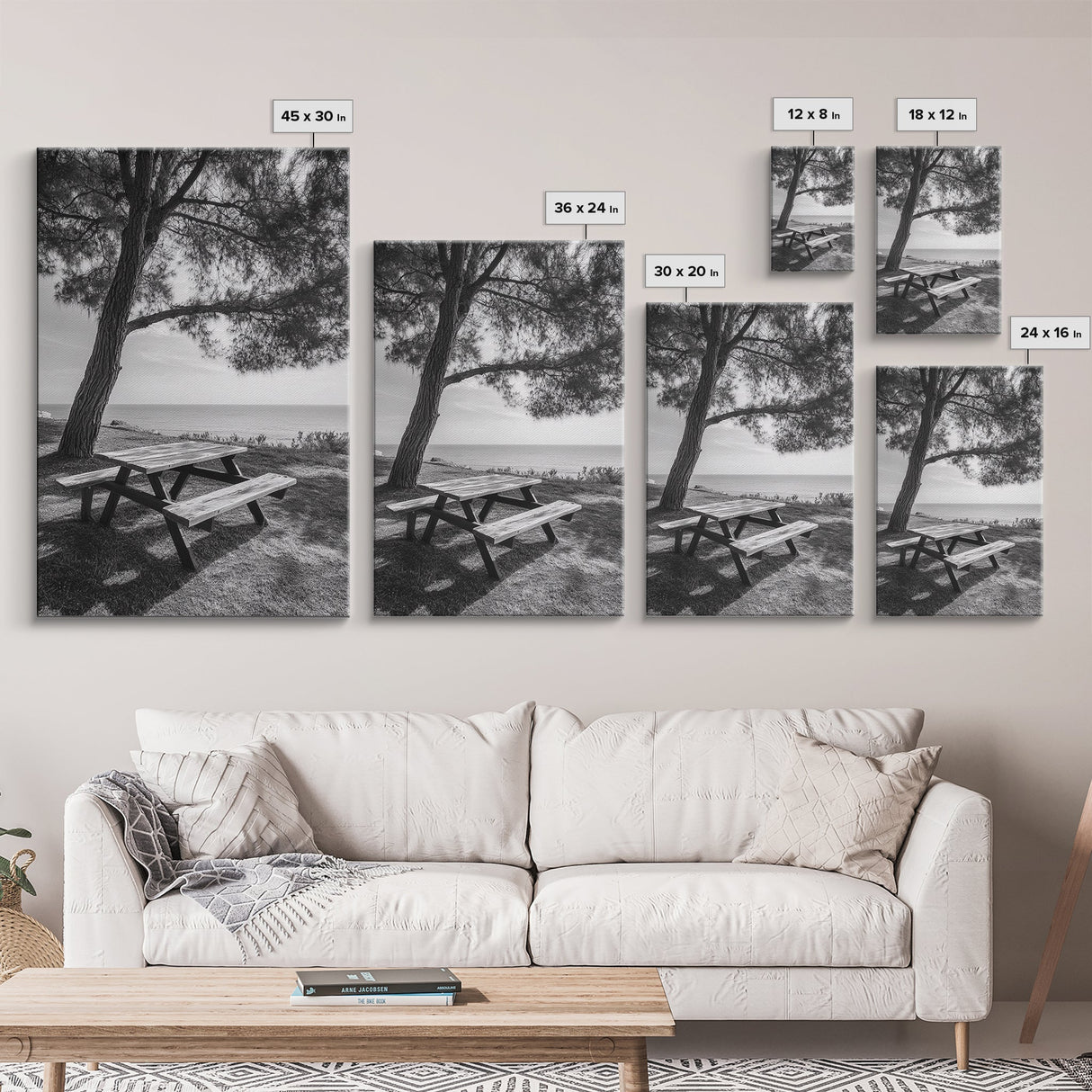 Seaside Bench, Peaceful Escape, Shaded Picnic, Canvas Print, nature photography, coastal wall art, relaxing ocean decor, Minimalist Decor