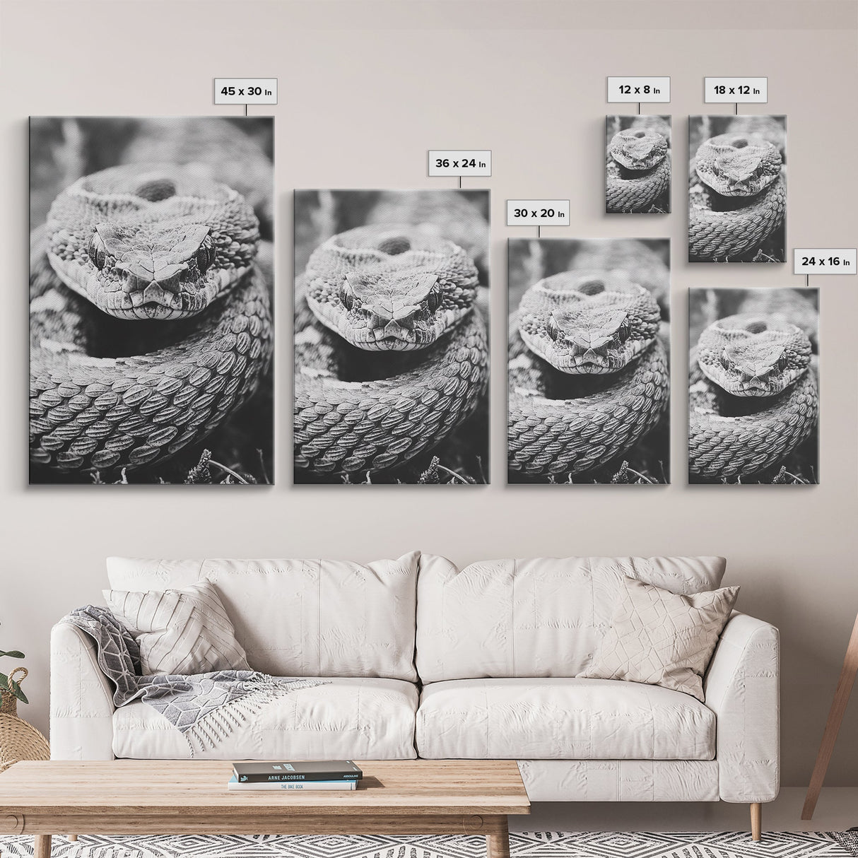 Rattlesnake Face, Coiled Closeup, Venomous Gaze, Canvas Print, Macro Wildlife Wall Art, Reptile Decor, Intense Black White Photography
