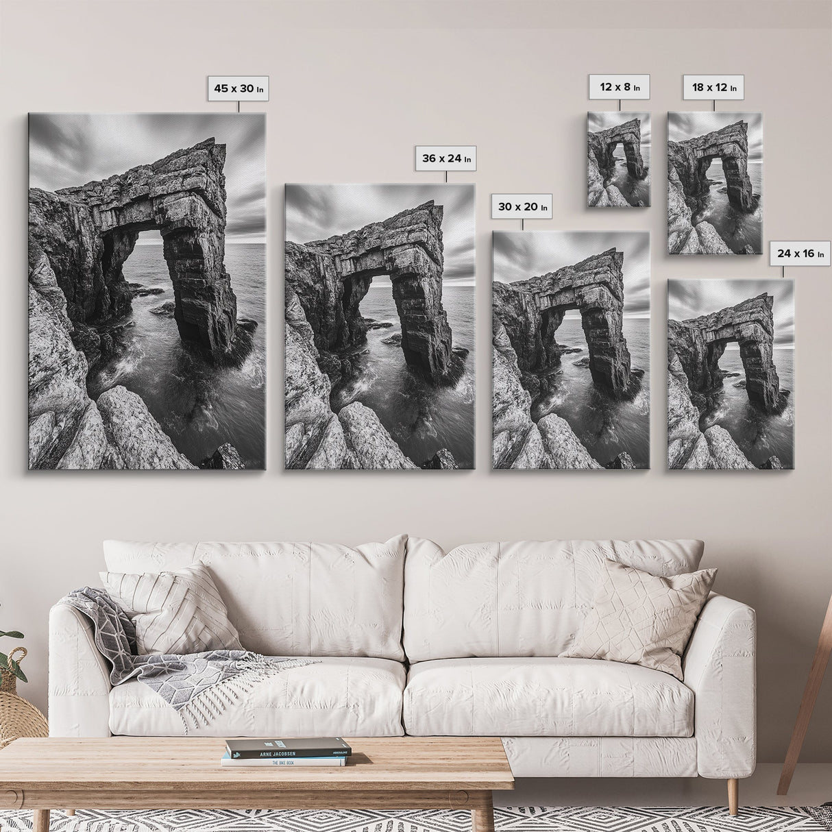 Sea Arch, Coastal Rock, Ocean Cliffside, Canvas Print, Dramatic Nature Wall Art, Living Room or Office Decor, Black White Seascape