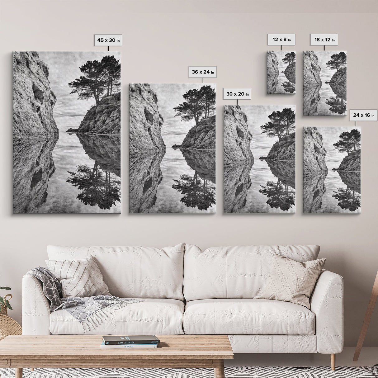Reflected Trees, Peaceful Cove, Monochrome Seascape, Tranquil Decor, Framed Canvas Print, Zen Wall Art, Entryway Print, Coastal Calm