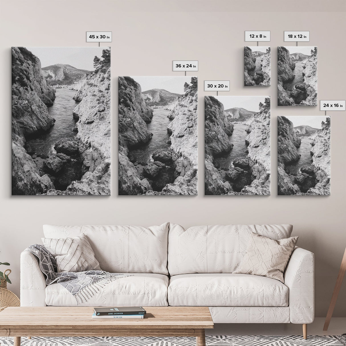 Mountain Gorge, Rugged Canyon, Flowing Stream, Wilderness Explorer, Framed Canvas Print, Cabin Wall Art, Adventurous Rustic Style