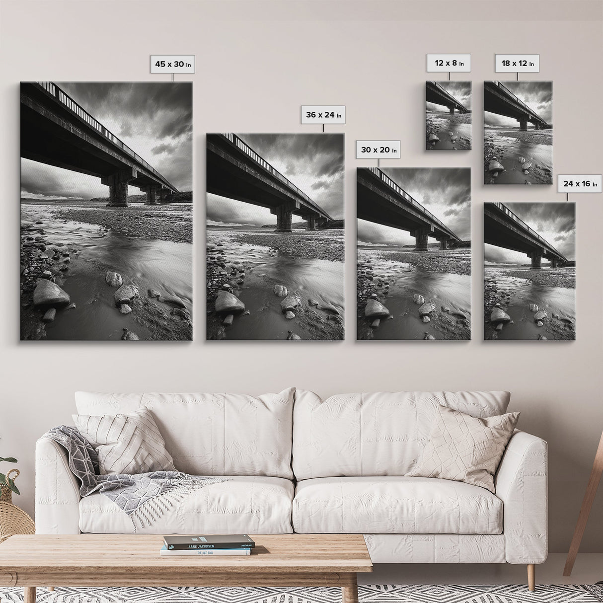 Stormy Bridge, River Rocks, Dramatic Sky, Modern Landscape, Framed Canvas Print, Moody Photography, Office Wall Art, Minimalist Decor