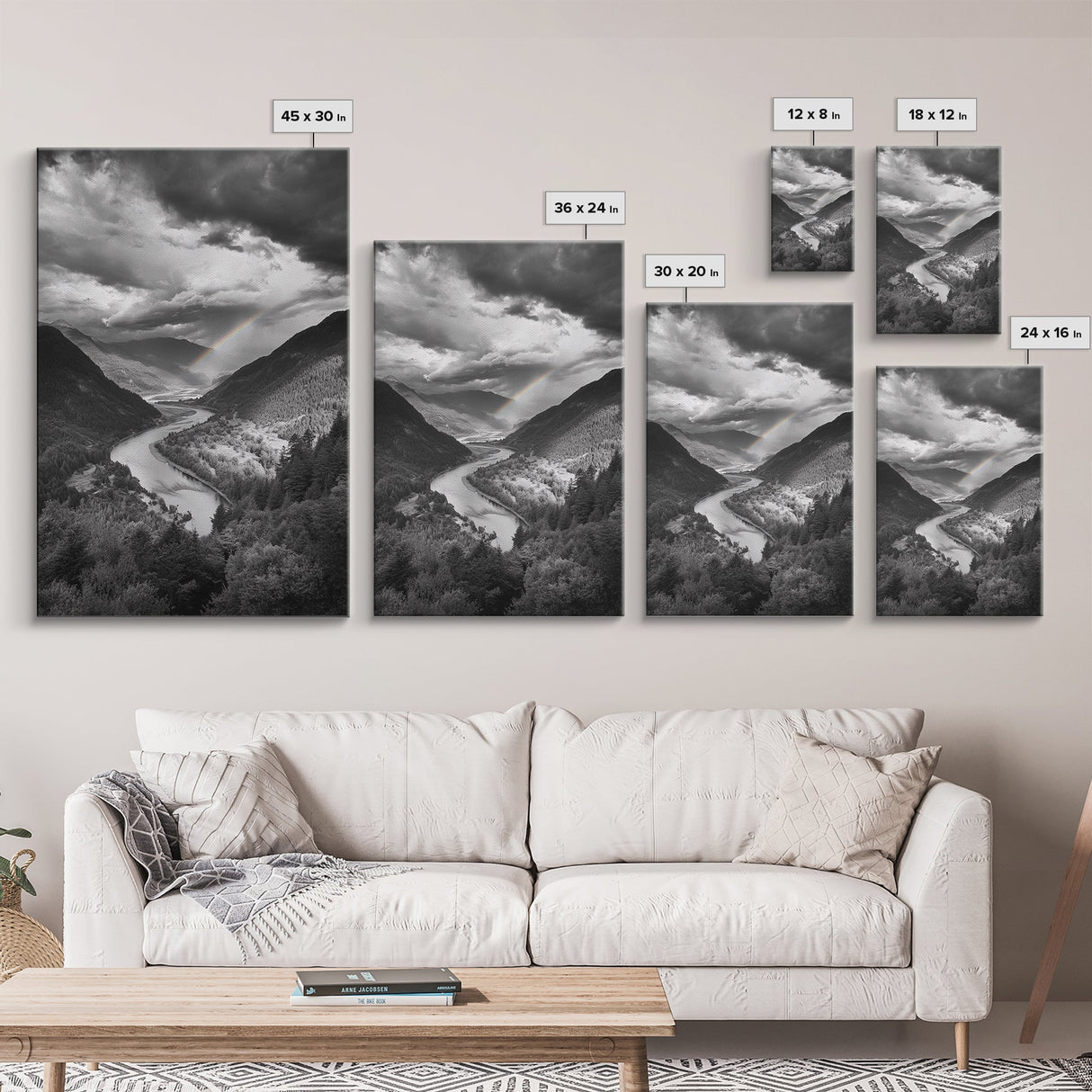 Mountain Valley, Rainbow River, Forest Panorama, Cloud Drama, Framed Canvas Print, Living Room Wall Art, Tranquil Nature, Scenic Beauty
