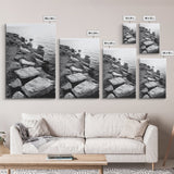 Shore Rocks, Sunlit Ocean, Rugged Texture, Minimal Horizon, Framed Canvas Print, Entryway Wall Art, Beach Decor, Neutral Tones
