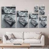 Abandoned Rowboat, Tropical Coastline, Vintage Travel Vibes, Black and White Canvas Print, Beach House or Coastal Living Wall Art