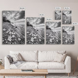 Flower Shore, Peaceful Beach, Moody Sky, Petal Scape, Framed Canvas Print, romantic beach art, bedroom decor, black and white floral print