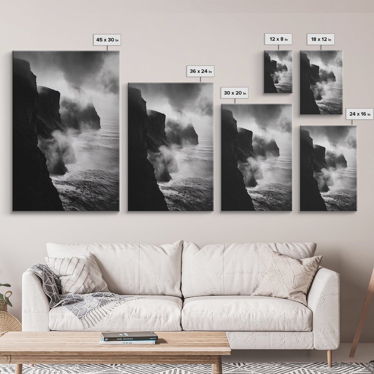 Stormy Cliffs, Ocean Fog, Monochrome Coast, Wild Nature Framed Canvas Print, moody wall art, rustic living room decor, dark aesthetic
