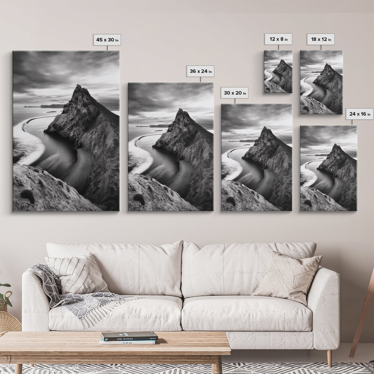 Mountain Peak, Coastal Horizon, Nature Majesty, Serene Edge Framed Canvas Print, modern landscape art, minimalist bedroom decor