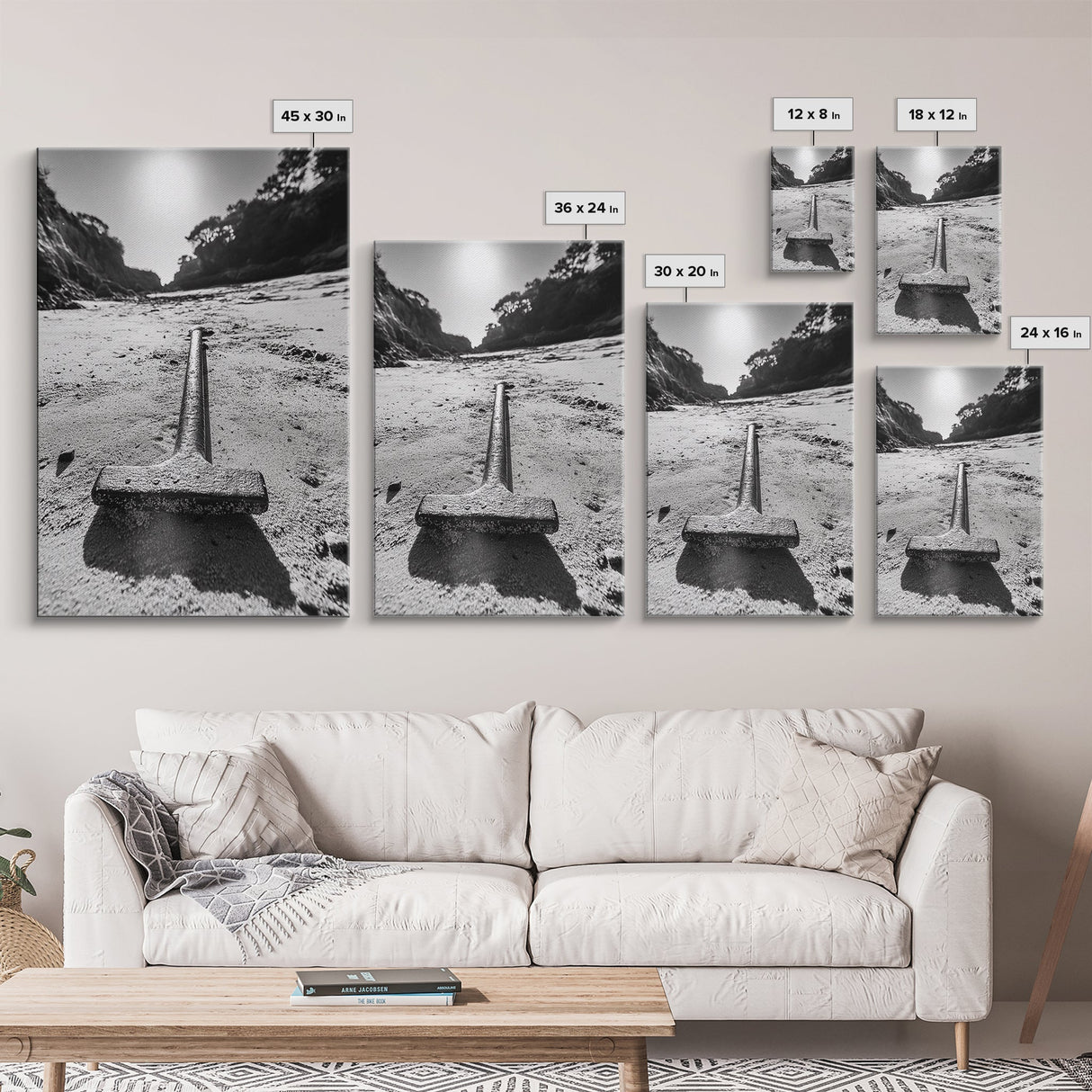 Industrial beach relic, iron hammer, rustic textures, minimalist black and white, Canvas Print, man cave art, coastal masculine decor