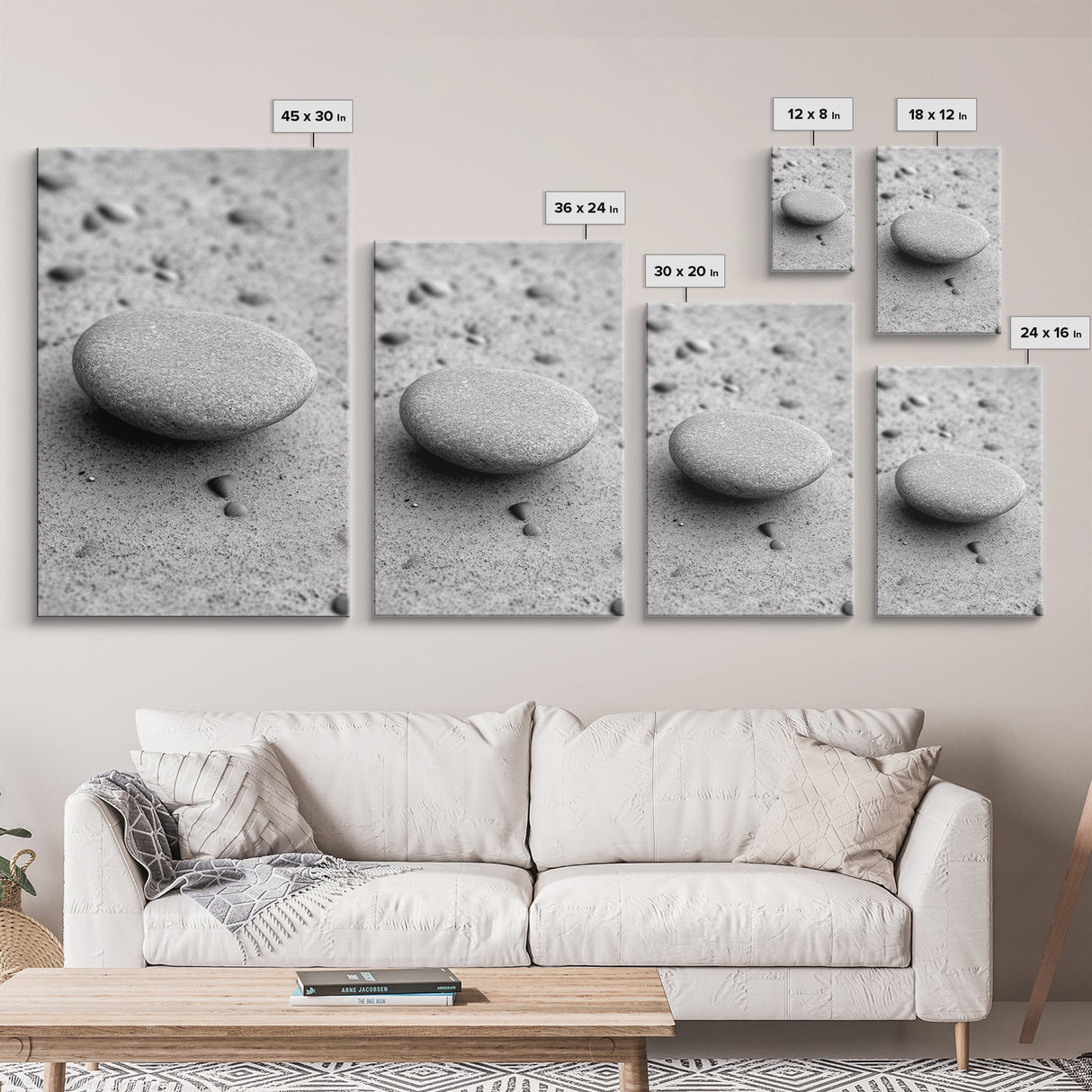 Smooth Beach Stone, Minimalist Sand Texture, Natural Balance, Canvas Print, Spa Room Wall Art, Calm Earthy Interior Style