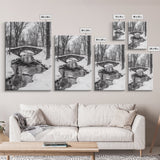 Stone Bridge, Winter Stream, Historic Pathway, Framed Canvas Print, Snowy Landscape Art, Traditional Living Room Wall Decor