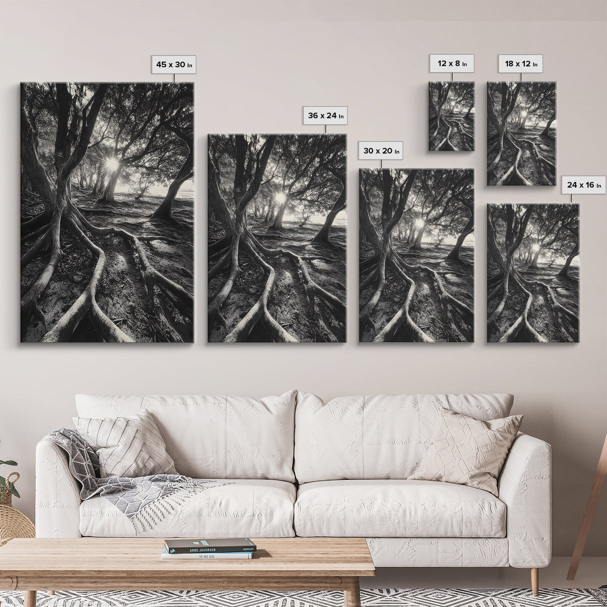 Sunlit Forest Roots, Tree Shadows, Golden Light, Framed Canvas Print, Boho Nature Wall Art, Bedroom Wall Decor, Earthy Tones