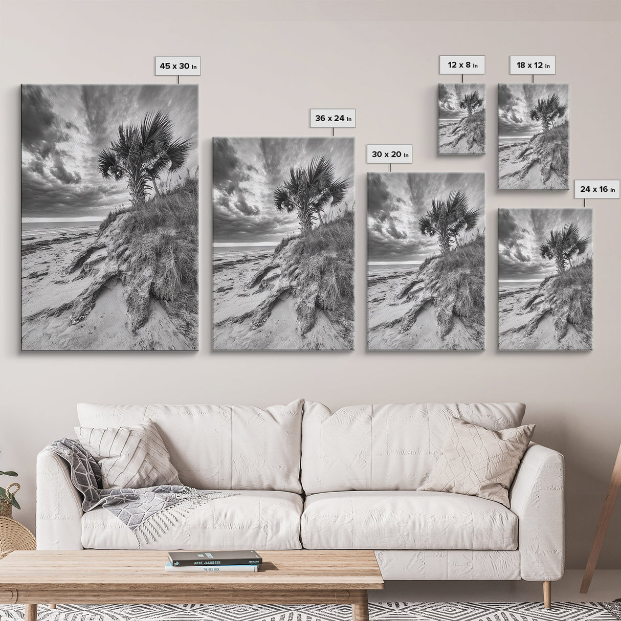 Palm Tree Beach, Coastal Dunes, Dramatic Sky, Framed Canvas Print, Tropical Wall Art, Boho Living Room Decor, Beach House Art