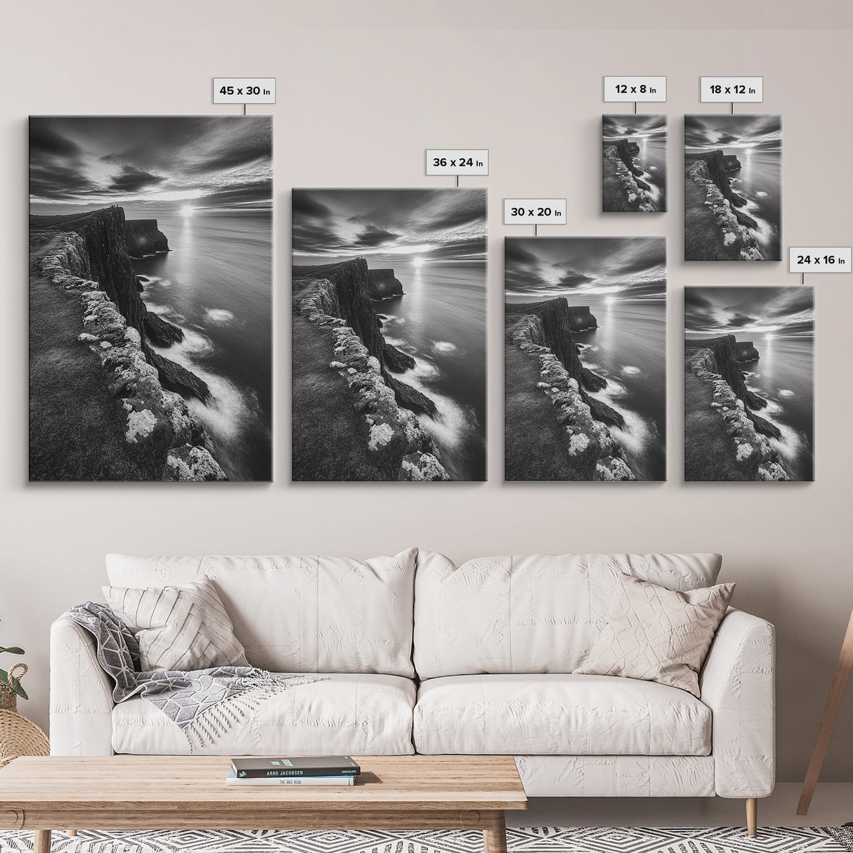 Rugged Sea Cliffs, Sunset Horizon, Serene Waters, Framed Canvas Print, Modern Nature Wall Art, Office Decor, Coastal Aesthetic