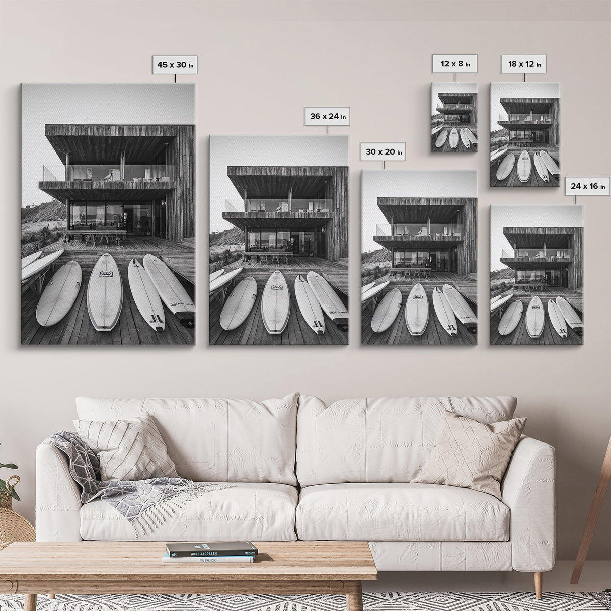 Surf Shack, Beach House, Modern Architecture, Coastal Lifestyle, Framed Canvas Print, Living Room Art, Nautical Wall Decor, Surf Wall Art