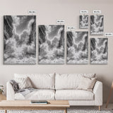 Ocean Splash, Cliff Waves, Nature Power, Dramatic Seascape, Framed Canvas Print, Living Room Statement, Black and White Wall Art