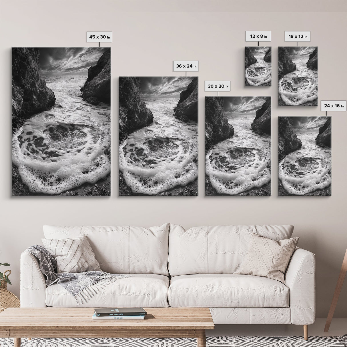 Sea Whirlpool, Dramatic Ocean, Coastal Rocks, Nature Motion, Framed Canvas Print, Bathroom Art, Modern Seaside Wall Decor