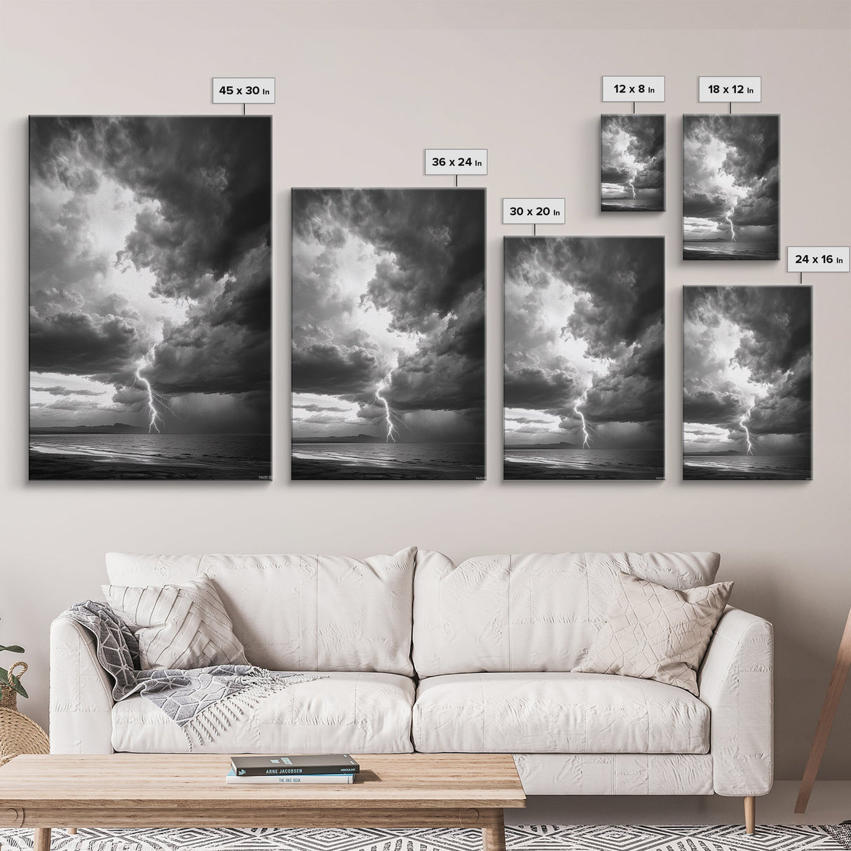 Lightning Strike Beach, Stormy Sky Photography, Dramatic Landscape, Office Wall Art, Nature Scene, Framed Canvas Print, Bold Wall Decor