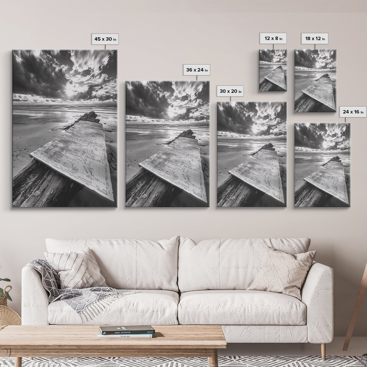 Map On Beach, Travel Adventure Art, Wanderlust Decor, Coastal Office Style, Framed Canvas Print, Explorer Aesthetic, Black White Scene
