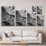 Driftwood Coastal Trail, Cliffside Path Nature Art, Rustic Cabin Style, Black White Photography, Framed Canvas Print, Hallway Wall Decor