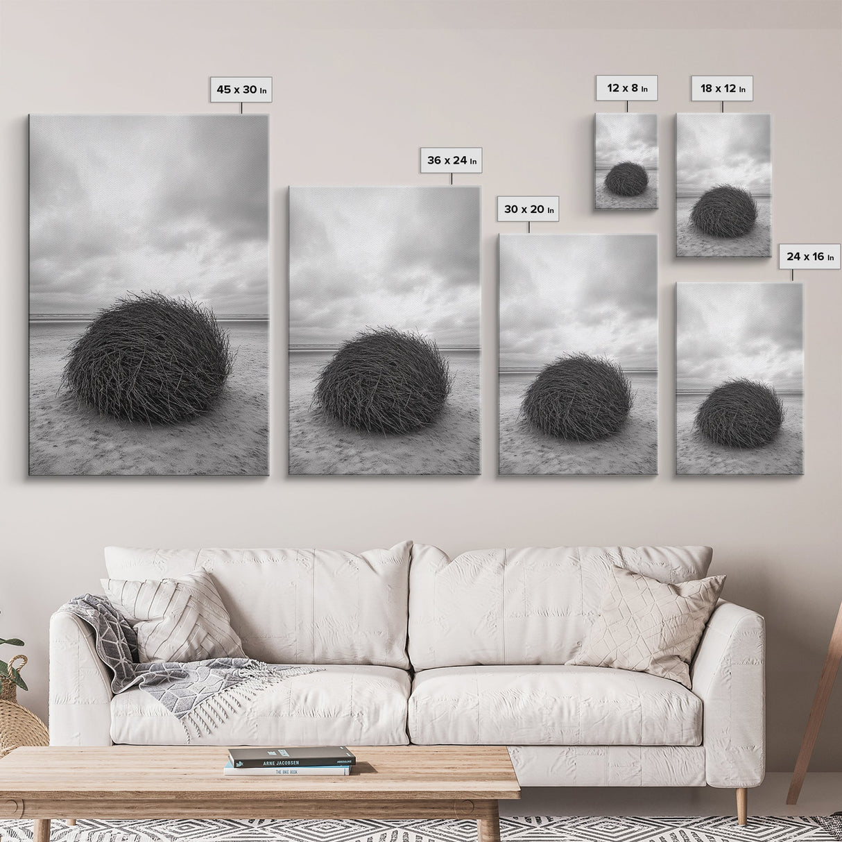 Windswept Beach Nest, Natural Sculpture, Driftwood Ball, Solitude Scene, Canvas Print, Minimalist Wall Art, Neutral Bedroom Decor