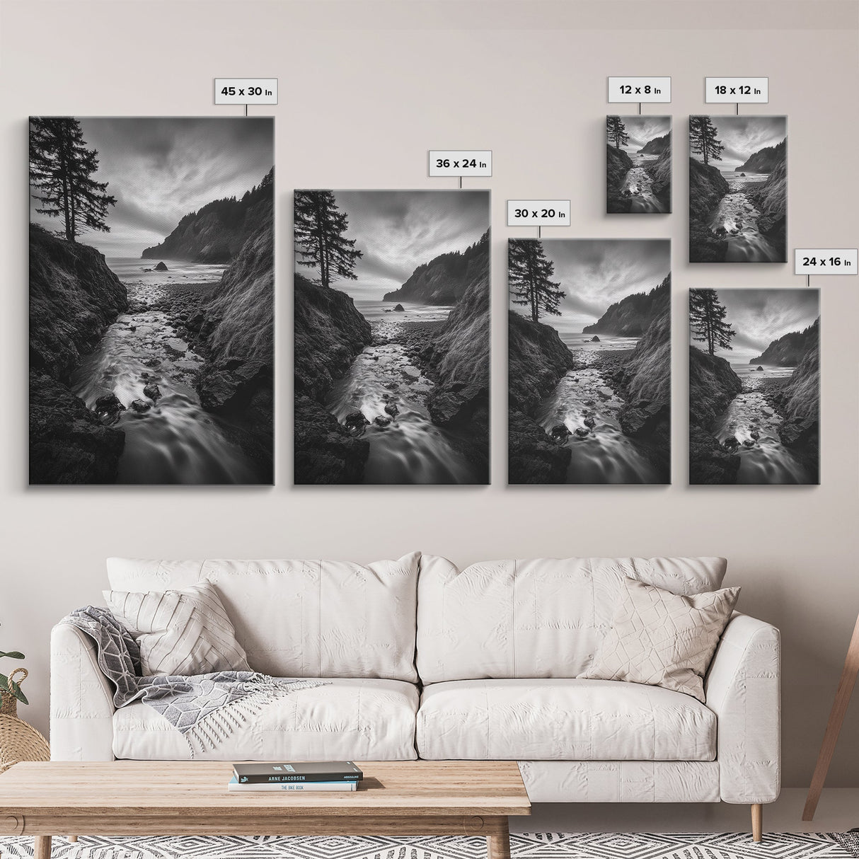 River Meets Sea, Forest Coast, Rugged Beauty, Sunset Flow, Canvas Print, Nature Wall Art, Moody Living Room Landscape
