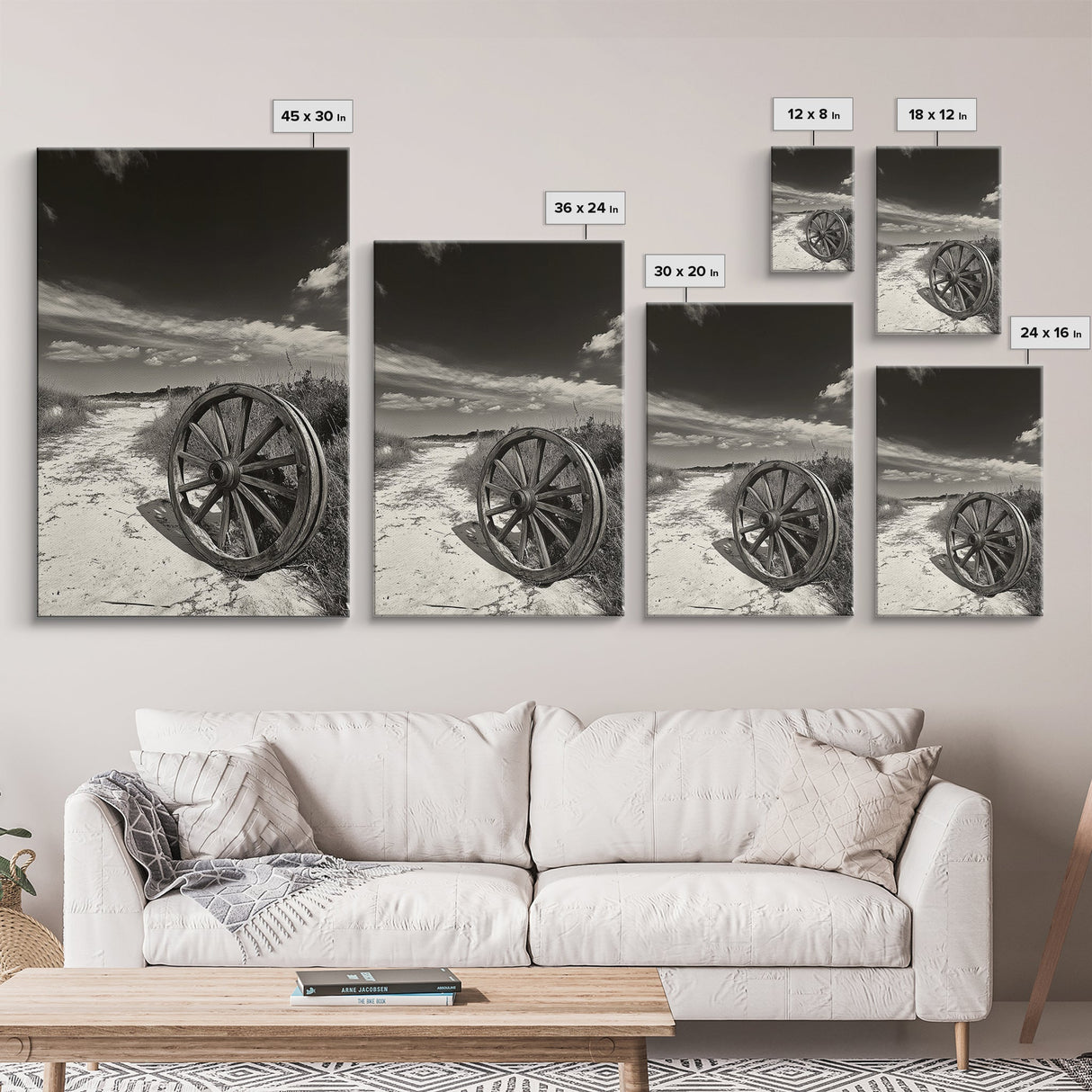 Desert Path, Wagon Wheel, Western Minimalism, Canvas Print, Boho Wall Decor, Neutral Tones, Entryway Art, Rustic Country Style