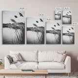 Reed Grass, Gentle Breeze, Black and White Nature, Canvas Print, Minimalist Wall Art, Tranquil Lake Scene, Bedroom Decor