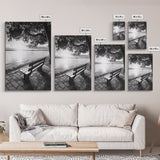 Peaceful Lake Bench, Tranquil Sunrise, Tree Shade View, Nature Serenity, Framed Canvas Print, Minimalist Art, Bedroom Wall Decor