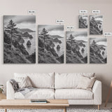 Oregon Coastline View, Misty Cliffs, Evergreen Forest, Coastal Vibes, Framed Canvas Print, Rustic Cabin Art, Living Room Wall Decor