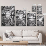 Misty Forest Trees, Reflection Photography, Nature Landscape, Canvas Print, Neutral Tones, Bedroom Wall Decor, Moody Autumn Forest Art