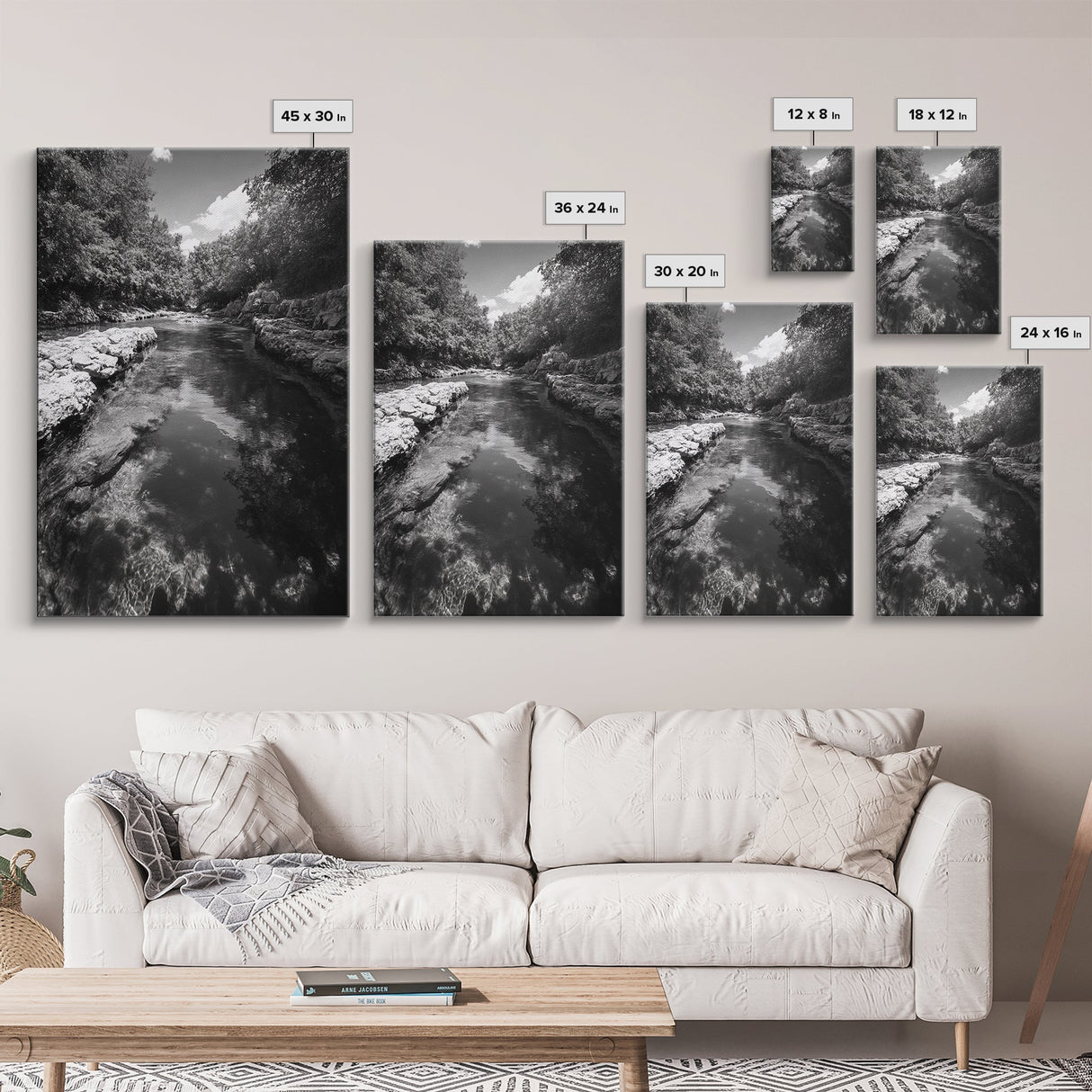 River Reflection, Nature Calm, Forest Stream, Canvas Print, Black and White Landscape Wall Art, Rustic Bathroom Decor, Tranquil Home Vibe