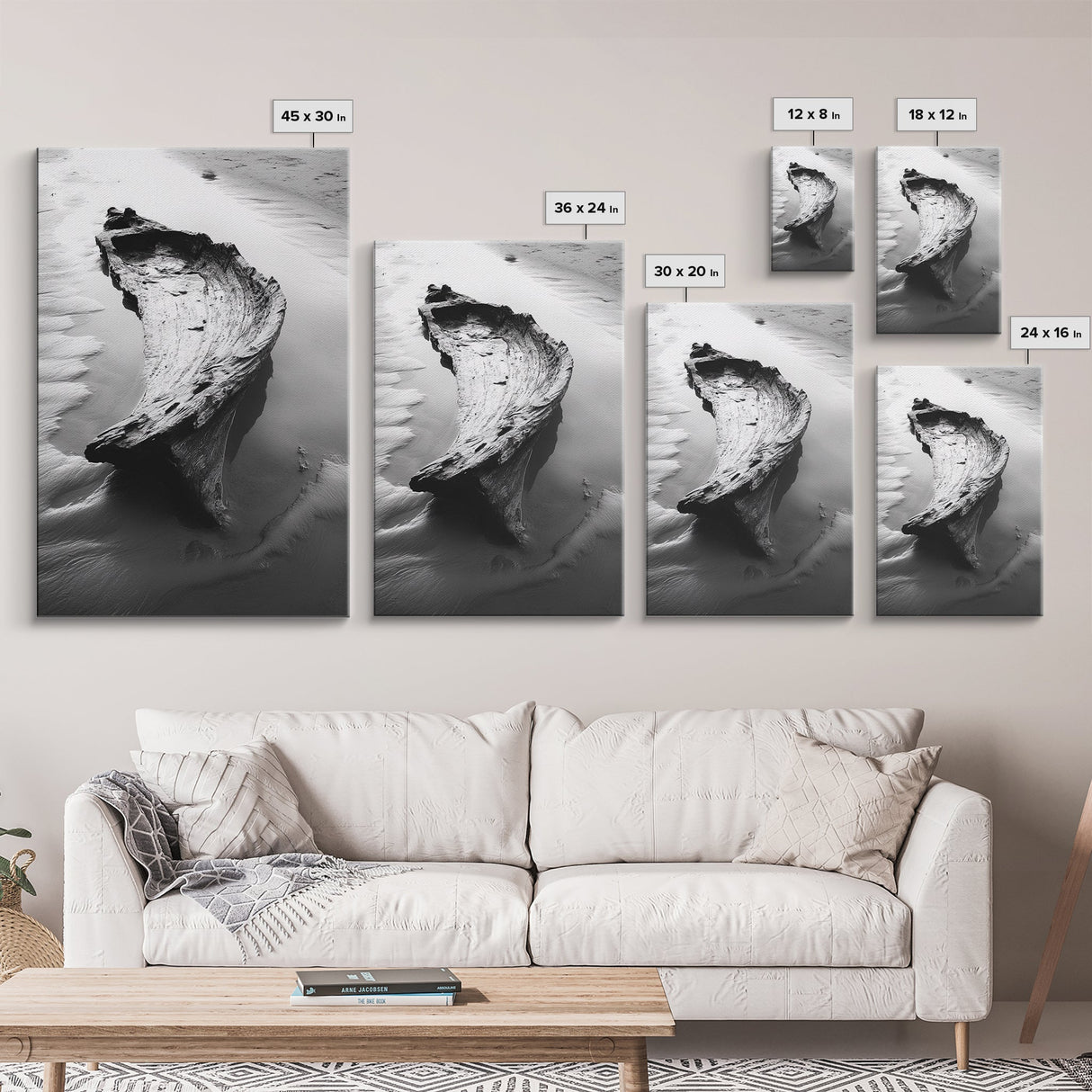 Driftwood Shore, Tidal Beauty, Washed Wood, Canvas Print, Coastal Beach Wall Art, Minimalist Bathroom Decor, Black and White Ocean Scene