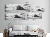 Sea Stack, Beach Horizon, Dramatic Sky, Monochrome Seascape, Framed Canvas Print, Coastal Wall Art, Modern Minimalist Entryway Decor