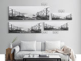 Barbed Coast, Foggy Beach, War Fence, Ocean Boundary, Framed Canvas Print, Industrial Wall Art, Living Room Decor, Black and White Art