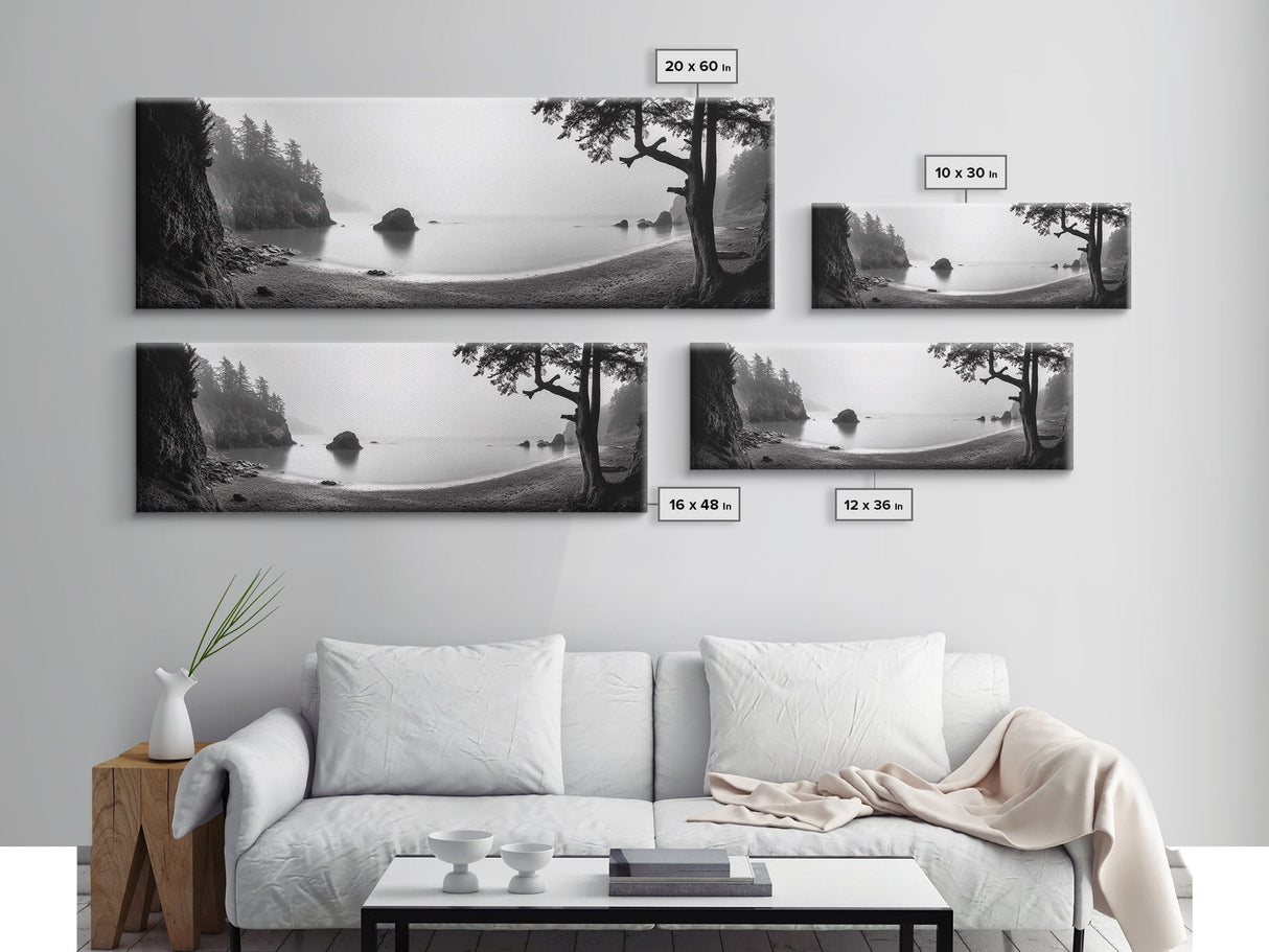 Misty Cove, Pacific Coast, Tranquil Shore, Canvas Print, Zen Nature Wall Art, Bathroom Decor, Moody Black and White Art