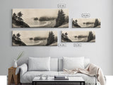 Misty Bay, Forested Coast, Moody Landscape, Serene Shoreline, Framed Canvas Print, Coastal Wall Art, Bedroom Decor, Earthy Tones