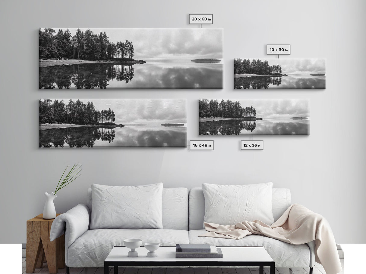 Reflected Pines, Quiet Lake, Forest Island, Calm Waters, Framed Canvas Print, Nature Photography, Minimal Wall Art, Office Decor