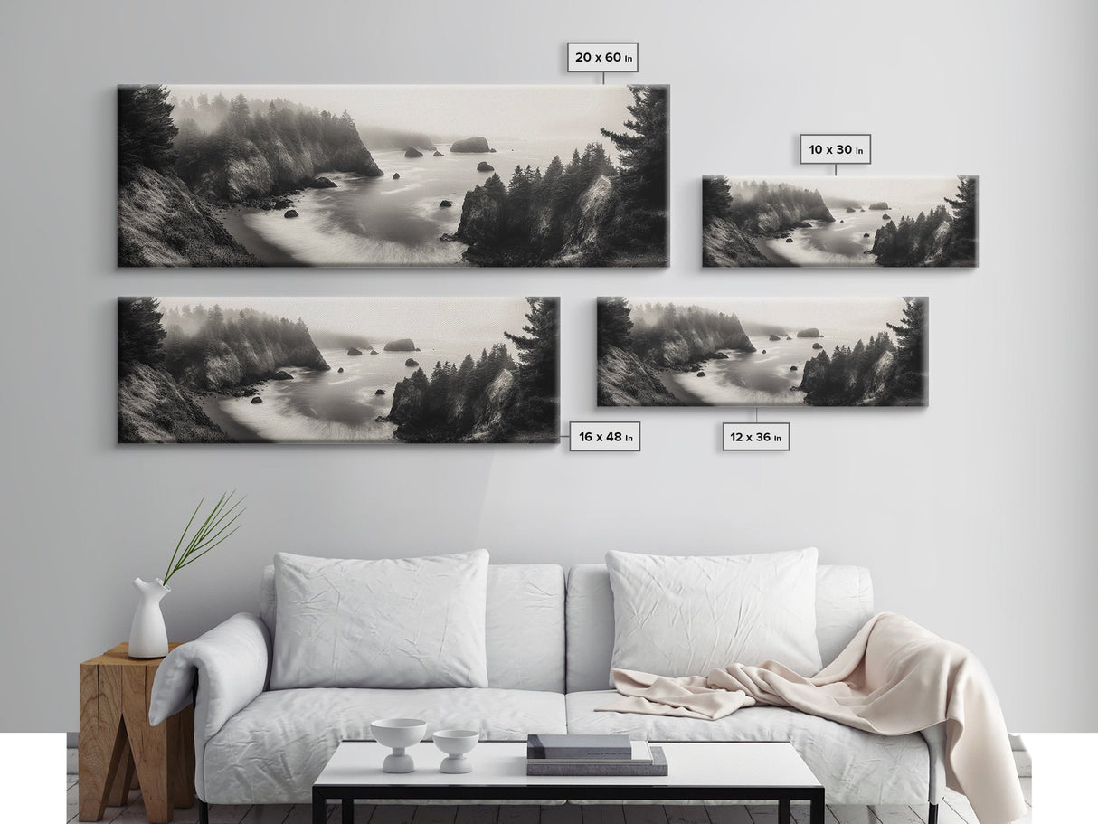 Ocean Rocks, Foggy Horizon, Coastal Cliffs, Dreamy Seascape, Canvas Print, Moody Nature Art, Living Room Wall Art, Coastal Minimalism