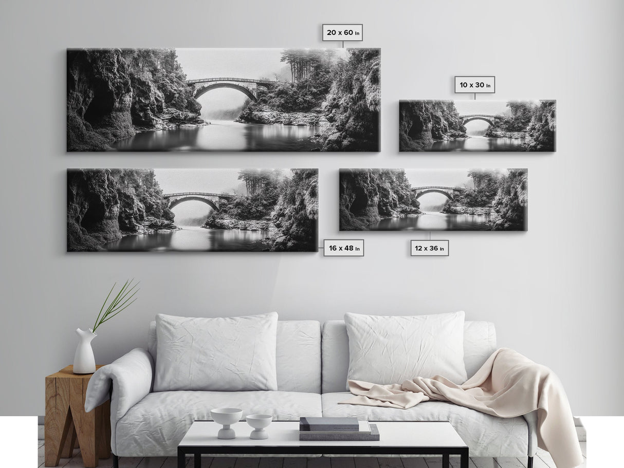 Stone Bridge, Forest River, Morning Mist, Canvas Print, Black and White Landscape, Nature Wall Art, Rustic Bathroom Art, Den Decor