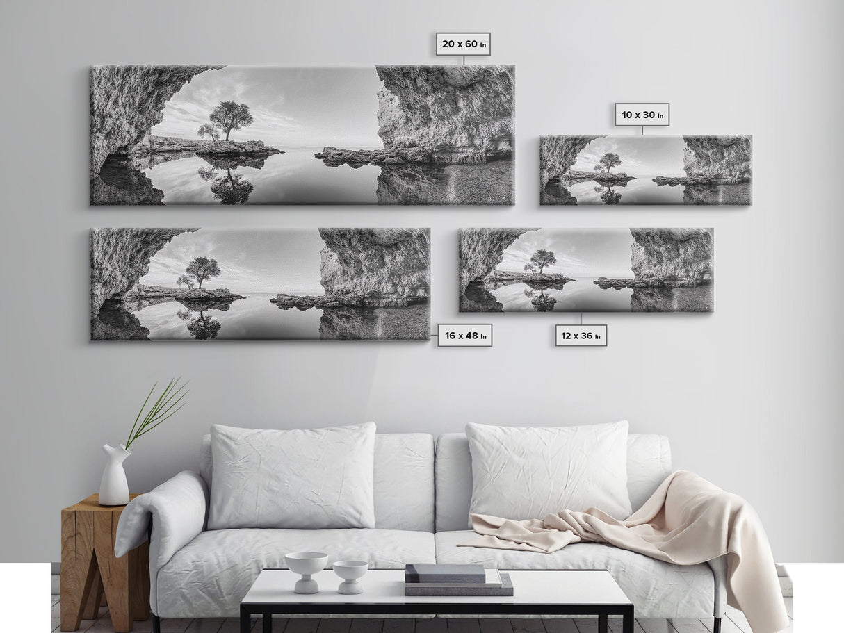 Coastal Cave, Reflection Landscape, Nature Calm, Framed Canvas Print, minimalist ocean wall decor, tranquil tree photography, zen entryway art