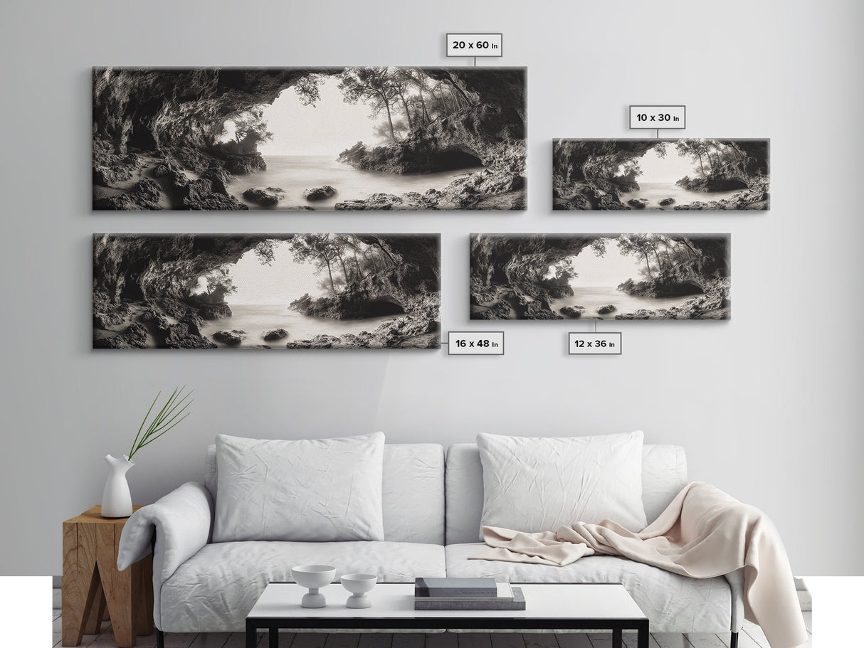Ocean Cave, Coastal Trees, Natural Light, Canvas Print, tranquil coastal wall art, bedroom boho decor, dreamy nature scene artwork