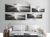Beach Horizon, Sunset Shoreline, Ocean Reflections, Framed Canvas Print, black and white coastal art, modern bedroom wall decor
