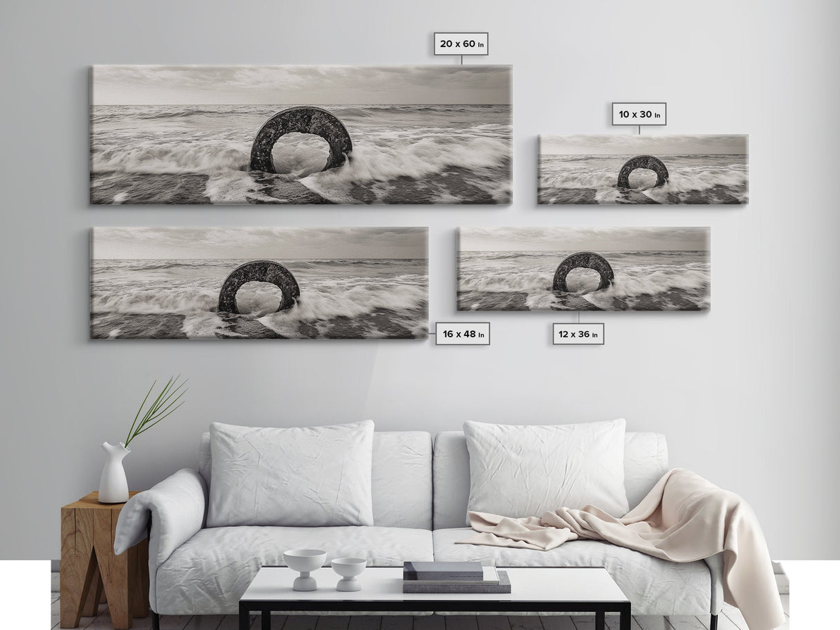 Ocean Ring, Waves Crashing, Sea Sculpture, Framed Canvas Print, unique beach photography, industrial coastal wall art, modern bathroom decor