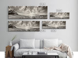 Coastal Sunrise, Expansive Sky, Cloudy Horizon, Framed Canvas Print, Earthy tone art, Beach house decor, Bedroom wall print, Serene landscape