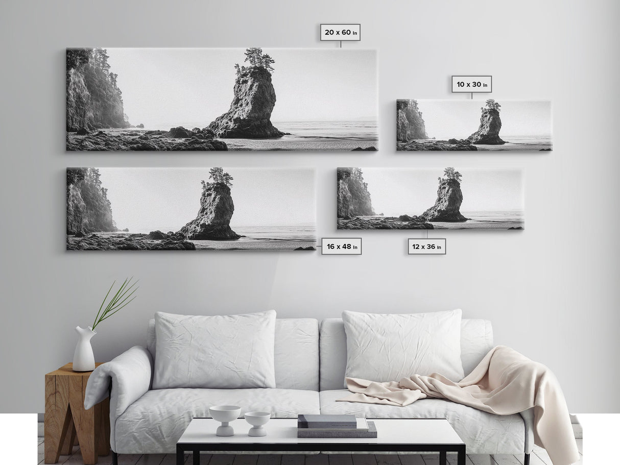 Sea Stack, Rugged Coast, Ocean Cliffside, Framed Canvas Print, Coastal landscape, Nature photography, Office wall art, Monochrome design