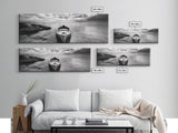 Canoe at Shore, Calm Waters, Peaceful Escape, Framed Canvas Print, Adventure art, Lakehouse decor, Hallway wall piece, Monochrome nature