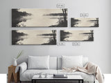 Misty River, Forest Reflection, Black and White Nature, Framed Canvas Print, Tranquil Decor, Bedroom Wall Art, Moody Minimalist Art