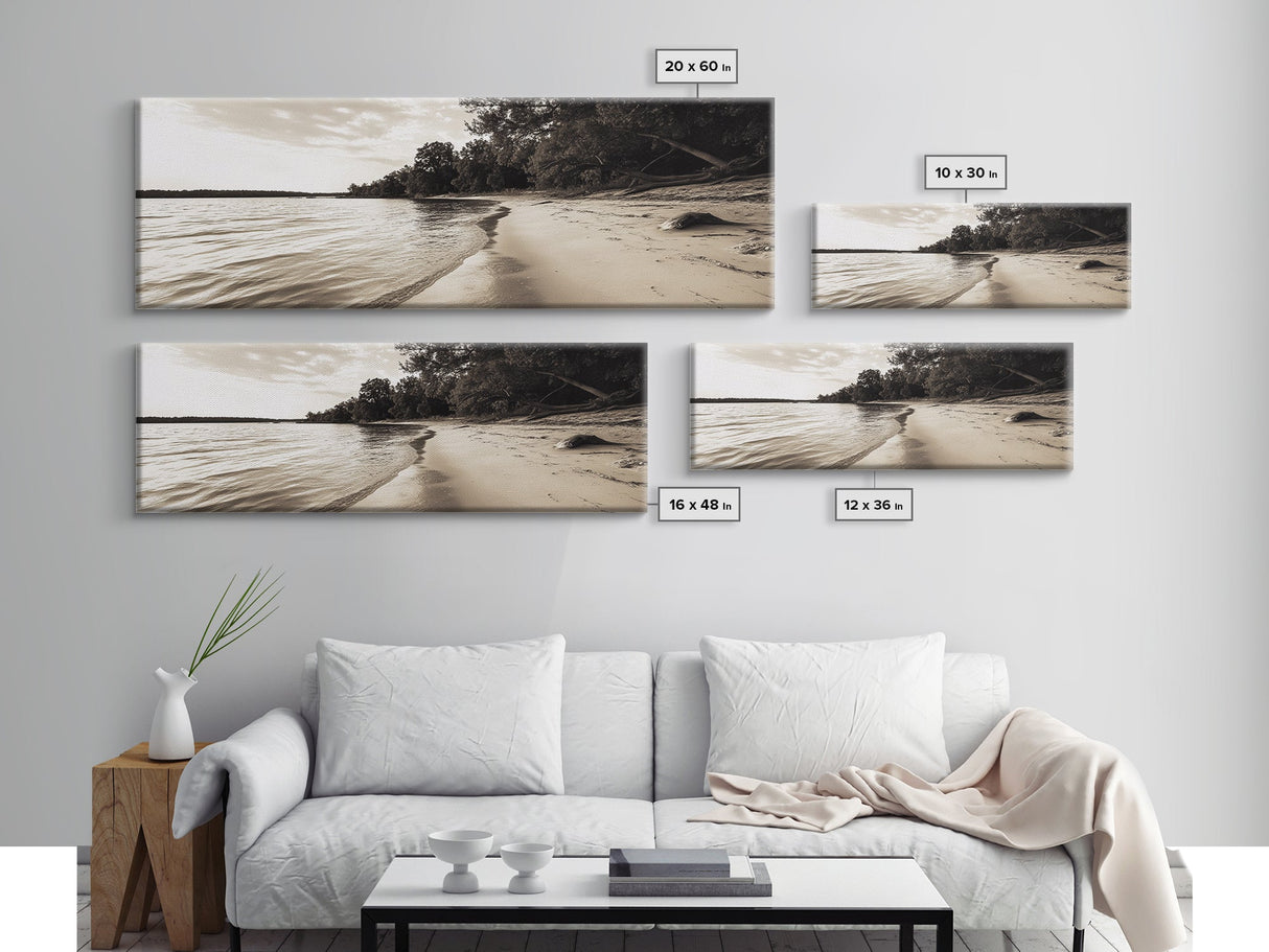 Sandy Beach, Serene Coastline, Nature Shoreline, Framed Canvas Print, Neutral Minimal Art, Bedroom Wall Art, Sepia Landscape Decor