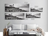 Classic Lighthouse Shore, Rocky Coastline Fog, Seaside Charm, Framed Canvas Print, Office Wall Art, New England Coastal Decor